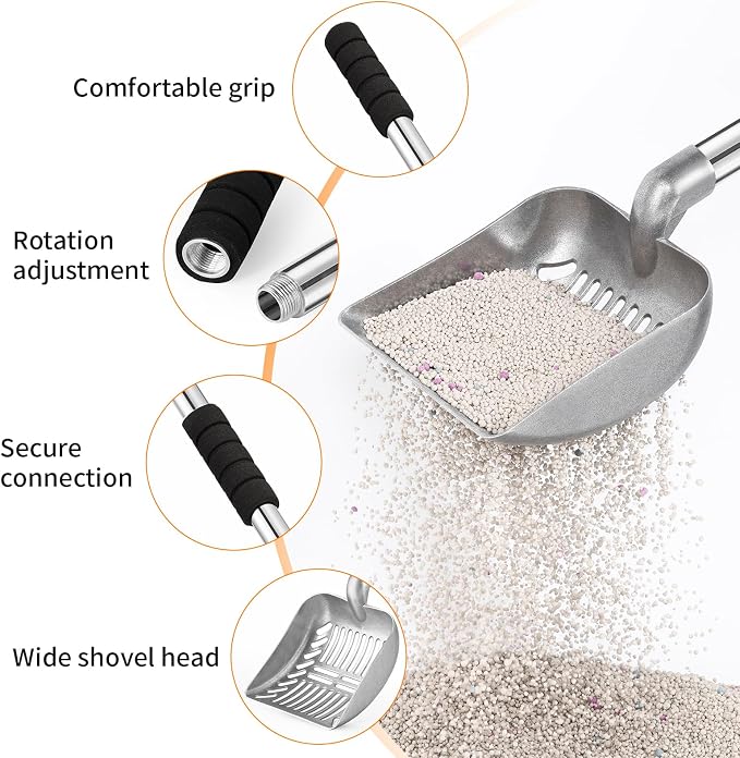 Yangbaga Metal Cat Litter Scoop:Detachable Long Handle Litter Scooper with Deep Shovel,Pooper Scooper Heavy Duty for Litter Box,Stainless Steel Non-Stick Sifter with Foam Padded Grip,No Bending Back