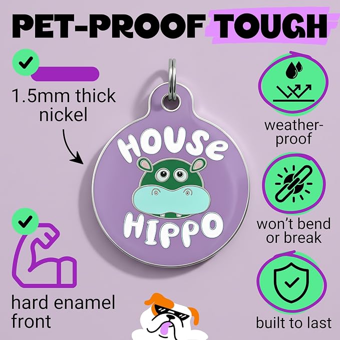 Bad Tags Personalized Dog and Cat ID Tags in 25+ Designs and 2 Sizes - 5 Lines of Custom Engraved Text - Funny Cute Personalized Pet Tags (House Hippo - Purple, Large (1.25 inch))