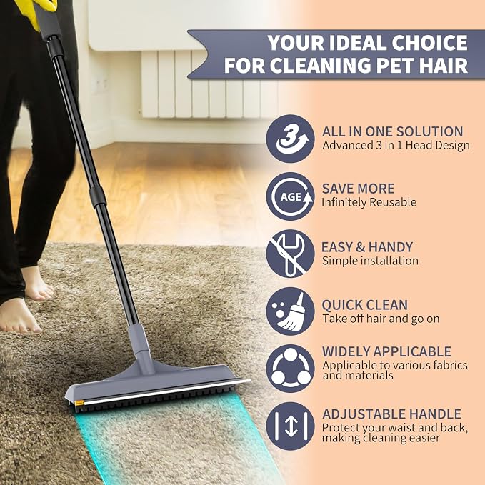 Carpet Rake for Pet Hair Removal - Reusable Dog & Cat Hair Remover with 58" Reinforced Steel Handle, 3-in-1 Professional Modular Rug Rake & Scraper Tool for Shag Rugs, Couch, Stairs (Gray)