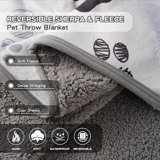 Waterproof Dog Blankets Pet Blanket 50"x60", Soft Fluffy Sofa Car Bed Protector, Reversible Sherpa Fleece Dog Blanket for Large Dogs(Light Grey-Paws)