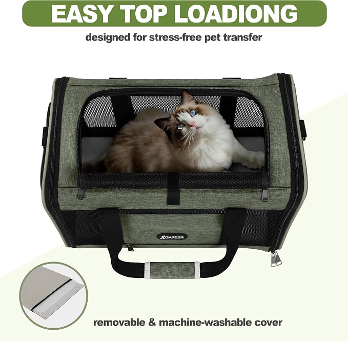 GAPZER Medium Cat Carrier Bag Lightweight, Soft-Sided Small Pet Carry Crate Teacup Breed Dogs, Top Loader Yorkie Kennel Sturdy Durable Mesh up to 15 lbs for Indoor House Dark Green