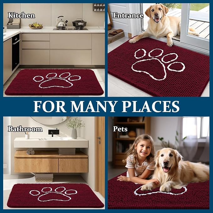 OLANLY Dog Door Mat for Muddy Paws 44x32, Paw Print Design Chenille Mud Mat | Burgundy, Absorbent, Traps Moisture and Dirt, Non-Slip Washable Doormat, Quick-Drying Indoor Entryway Floor Carpet for Dogs