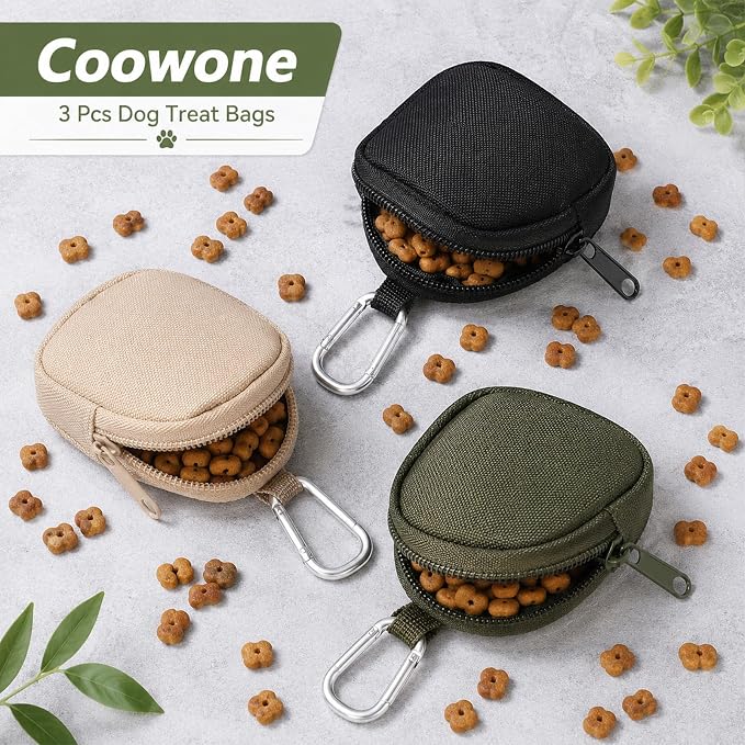 Bremorou 3 Pcs Dog Treat Pouch for Pet Training Waterproof Portable Reward Puppy Treat Bag Reusable Small Dog Treats Pouch Carabiner Poop Bag Holder for Outdoor Zipper Closure