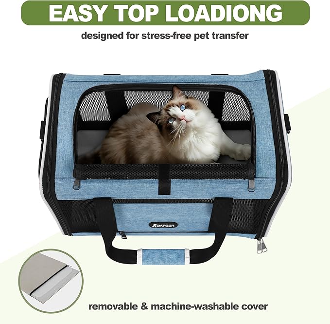 GAPZER Cat Carrier 18 x 11 x 11 Top Loading Soft-Sided Pet Travel Bag Over 15lbs, Portable Small Dog Puppy Car Crate 10 lbs, Chihuahua Kennel Carry Case, Kitty Cloth Cage Medium Cat Under 25 Blue