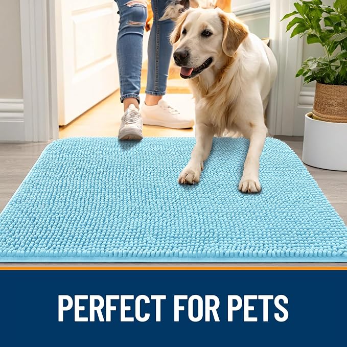 OLANLY Dog Door Mat for Muddy Paws 70x32, Super Absorbent Chenille Mud Mat | Blue, Absorbs Moisture and Dirt, Non-Slip Machine Washable Doormat, Quick-Drying Indoor Entryway Floor Carpet for Dogs