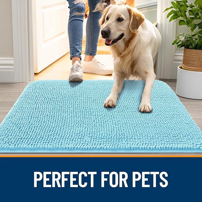 OLANLY Dog Door Mat for Muddy Paws 59x32, Super Absorbent Chenille Mud Mat | Blue, Absorbs Moisture and Dirt, Non-Slip Machine Washable Doormat, Quick-Drying Indoor Entryway Floor Carpet for Dogs