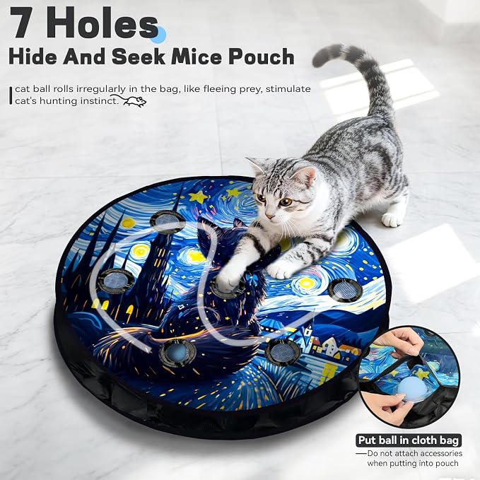 Interactive Cat Toy with Motion Activated Ball & 7-Hole Play Mat, Hide and Seek Exercise Game for Indoor Cats, Automatic Moving Cat Ball in Pouch, Rechargeable Kitten Toys (Starry Night)