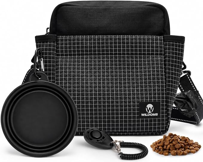 Dog Treat Pouch for Training, Magnetic Dog Walking Bag and Fanny Pack | Large treat pocket with poop bag dispenser, clicker and bowl; hands-free for dog training, walks, park trips and travel