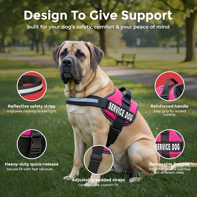 Industrial Puppy Service Dog Vest Harness - Durable & Adjustable Vest for Dog with Reflective Straps, Removable Patches, 50 ADA Cards, Handle & D-Ring, Travel and Daily Use, (Hot Pink, XL 30"-39")