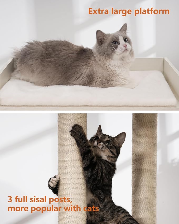 43.7" Cat Tree, Modern Cat Tree Tower, Cat Tower for Indoor Cats Large Adult, Cat Condo with Scratching Post, Large Perch and Removable Pads, White