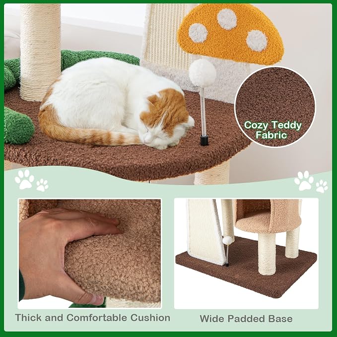 PETSITE Mushroom Cat Tree, 57.5 Inches Tall Multi-Level Cat Tower with Natural Sisal Scratching Posts & Boards, Cat Condo and Teasing Spring Ball, Cute Cat Tree Tower for Indoor Cats Large Adult