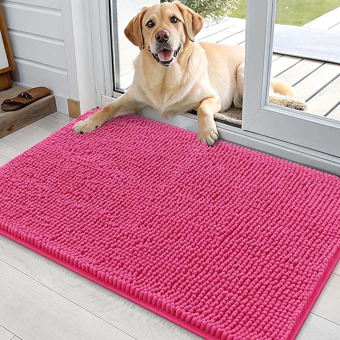OLANLY Dog Door Mat for Muddy Paws 36x24, Super Absorbent Chenille Mud Mat | Hot Pink, Absorbs Moisture and Dirt, Non-Slip Machine Washable Doormat, Quick-Drying Indoor Entryway Floor Carpet for Dogs