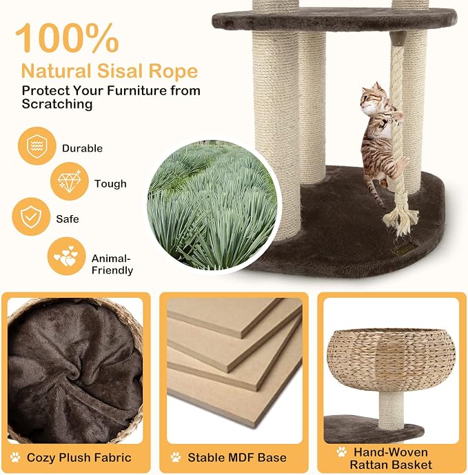 41 Inch Modern Cat Tree for Indoor Cats, Multi-Level Cat Tower with Scratching Posts, Hand-Made Wicker Cat Condo & Top Perch, Dangling Ball, Sisal Rope, Cute Cat Tree for Indoor Cats