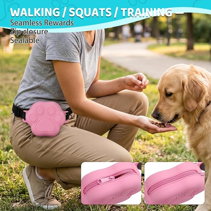 Dog Treat Pouch with Training Clicker and 2 Poop Bags, 1.8 Cup Small Sealable Zipper Silicone Fanny Pack with Waist Belt, Pet Puppy Training & Walking Essentials (Pink)