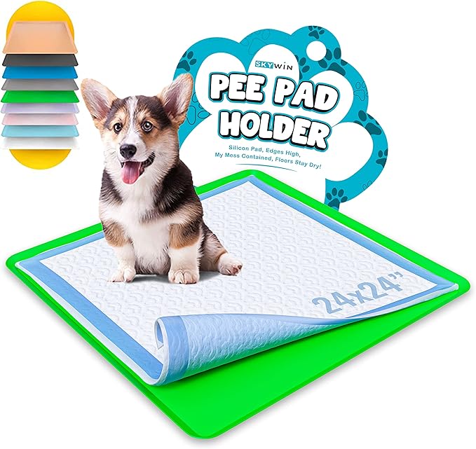 Skywin TidyFriend Travel Friendly Dog Pee Pad Holder Fits Up to 24” x 24” Wee Wee Pee Pads - Flexible Rollable Silicone Mat with Soft Edge - Quick Wipe & Potable Dog Pad Holder (Green)