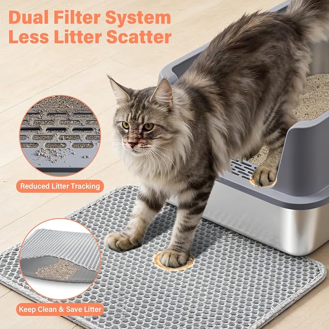 Stainless Steel Cat Litter Box with Lid, XL Metal Litter Box, Extra Large Litterbox for Big Cats, High Sided | Easy Cleaning | Odor-Free Includes Scoop and Mat