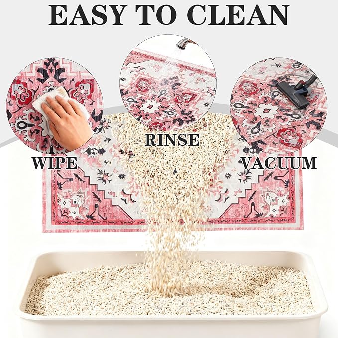 EXPAWLORER Cat Litter Mat, 20”x32” Small Non-Slip Urine Waterproof Litter Trapping Mat Easy to Clean Washable Litter Box Mat for Floor Soft on Kitty Paws, Indoor Food Mats Rug Pads for Bathroom Pink