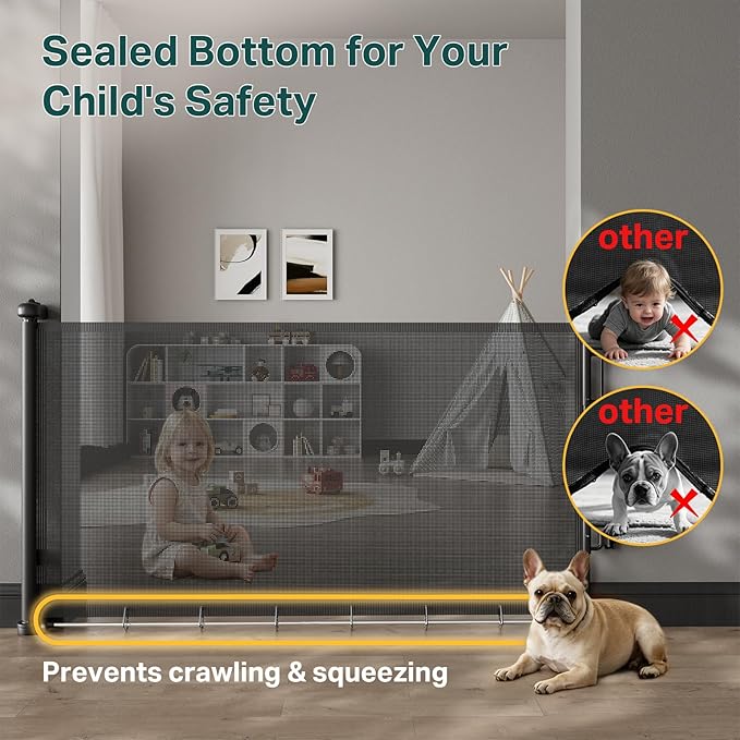 Cumbor 27-40" Retractable Baby Gates for Stairs & Doorways, Hardware Mounted Mesh Dog & Pet Gate, Easy Walk Through, One-Hand Operation, Anti-Crawl Adjustable Safety Gate for Dog, Indoor Outdoor Black
