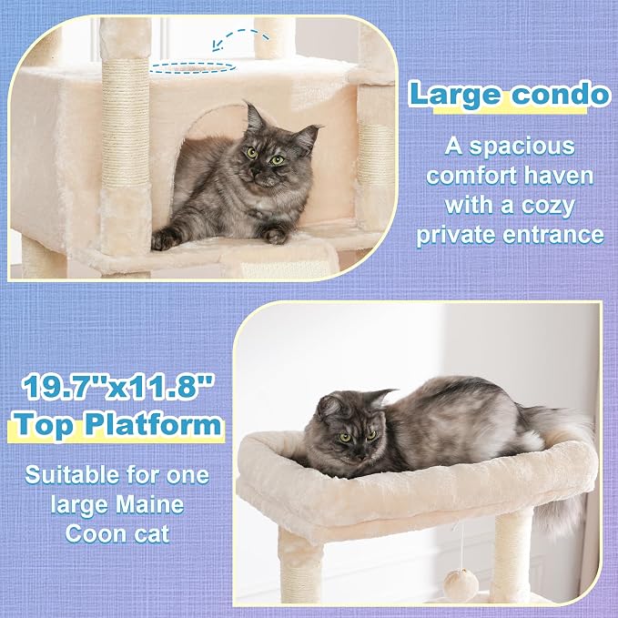 Hey-brother Cat Tree Tower with Extra Large Platform and Basket, MPJ080M | 71.7 Inches Scratching Posts with Specious Condo, 2 Cozy Hammocks, Scratch Board for Indoor Adult Cats, Maine Coon Beige