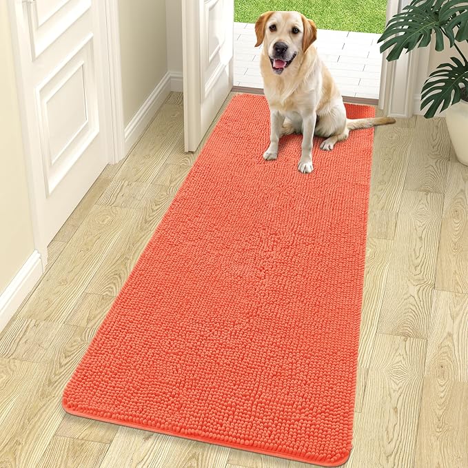 OLANLY Dog Door Mat for Muddy Paws 70x24, Super Absorbent Chenille Mud Mat | Coral, Absorbs Moisture and Dirt, Non-Slip Machine Washable Doormat, Quick-Drying Indoor Entryway Floor Carpet for Dogs