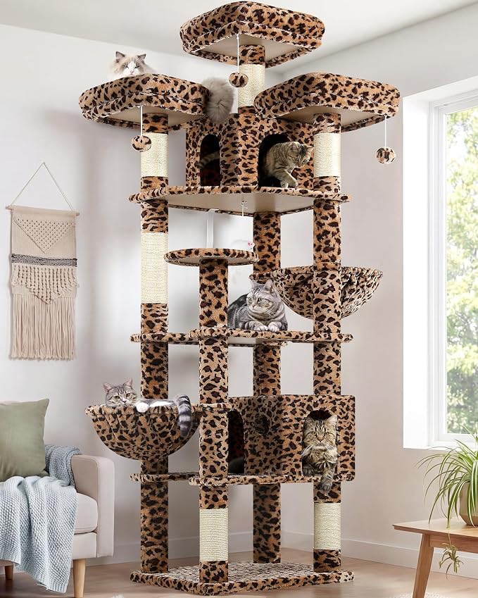 Globlazer Cat Tree Tower for Multiple Adult Cats, 82in, F82, Leopard Print | XXL Tall Cat Tree Tower for Indoor Cats with Scratching Post, 3 Perches, 2 Condos, 2 Hanging Baskets