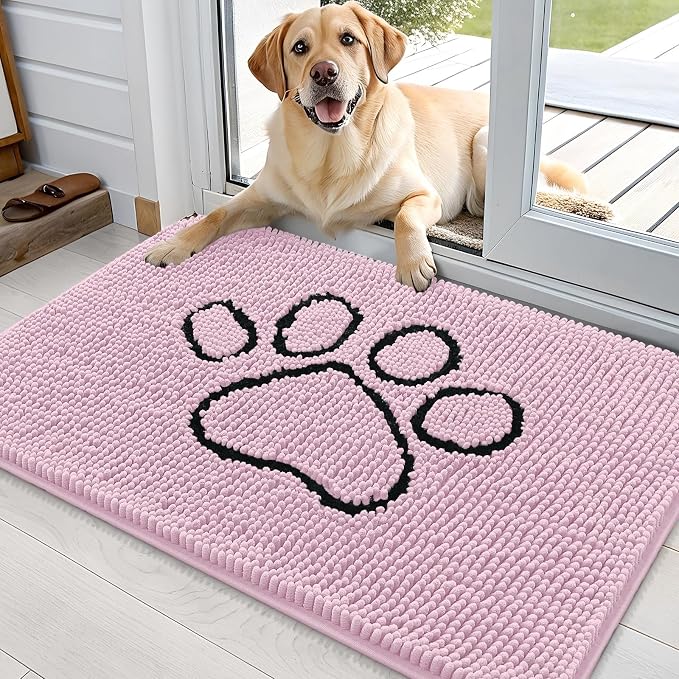 OLANLY Dog Door Mat for Muddy Paws 36x24, Paw Print Design Chenille Mud Mat | Dusty Rose, Absorbent, Traps Moisture and Dirt, Non-Slip Washable Doormat, Quick-Drying Indoor Entryway Floor Carpet for Dogs
