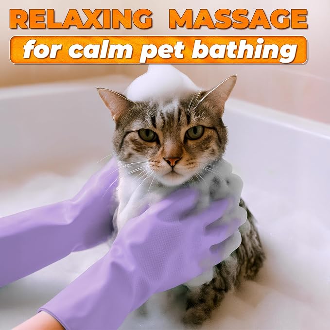 Cat and Dog Washing Gloves, 1 Pair, 11.6", Soft Silicone (Purple) | Dog Shampoo Gloves, Pet Bath & Grooming Mitt, 3000 Soft Bristles, Removes Loose Hair, Saves Shampoo, Massage, Wet or Dry