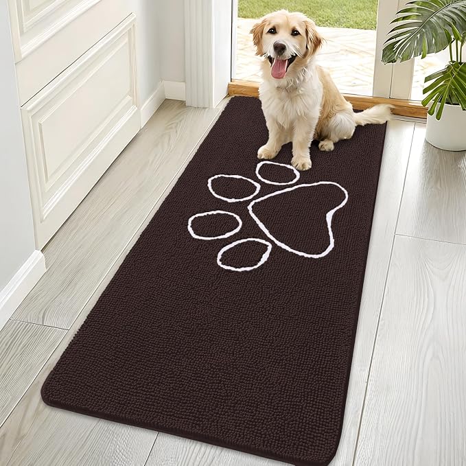 OLANLY Dog Door Mat for Muddy Paws 70x35, Paw Print Design Chenille Mud Mat | Brown, Absorbent, Traps Moisture and Dirt, Non-Slip Washable Doormat, Quick-Drying Indoor Entryway Floor Carpet for Dogs