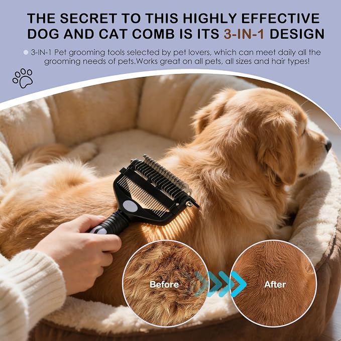 3-IN-1 Pet Deshedding and Grooming Brush Tool | Grooming Brush for Dogs and Cats with Undercoat Rake & Dematting Comb for Matted Fur Removal Long and Short Haired Dogs Cats