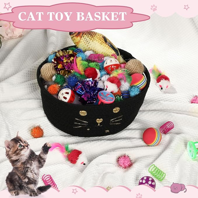 Zopeal 58 Pcs Summer Cat Storage Basket Gift Toys Set, Colorful Flashing Balls Pet Bell Crinkle Balls Spring Toys Attract Cat to Swat, Hunt, Interactive for Pet(Black,9.8 Inch)