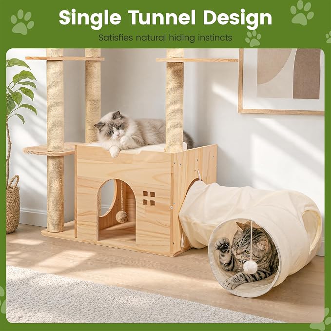 45 Inch Solid Wood Cat Tree, Modern Cat Tower for Indoor Cats, Cat Condo with Single Tunnel, Sisal Scratching Posts, High Perch Platform, Washable Cushion, Hanging Balls, Natural
