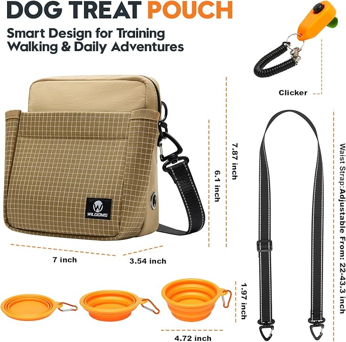 Dog Treat Pouch for Training, Magnetic Dog Walking Bag and Fanny Pack | Large treat pocket with poop bag dispenser, clicker and bowl; hands-free for dog training, walks, park trips and travel
