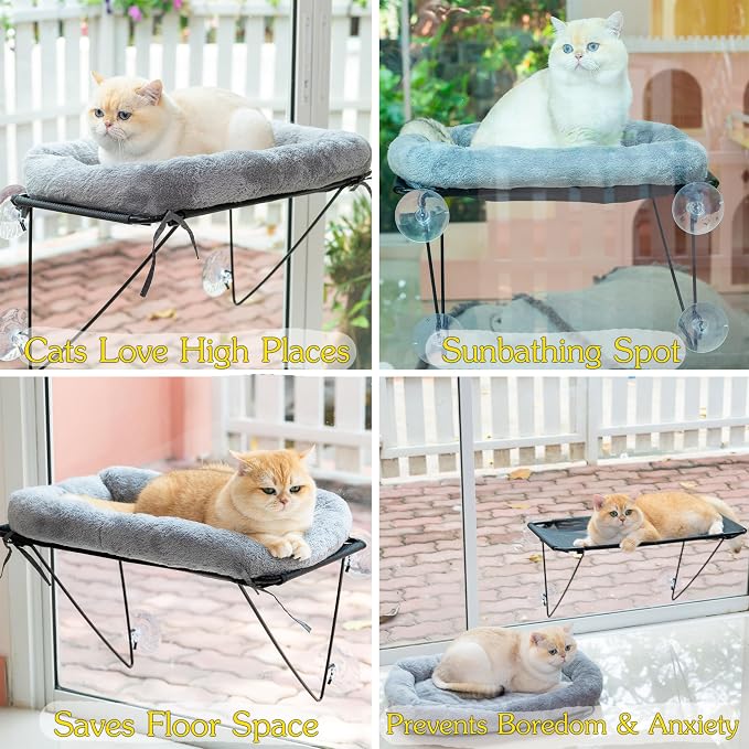 ROOVE Cat Window Perch – Luxury Cozy Hammock with Ultra-Soft Cover, Sturdy Metal Frame & 4 Strong Suction Cups, Durable Window Bed for Large Indoor Cats & Kittens to Lounge, Rest, and Observe (Grey)