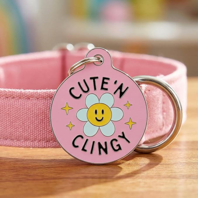Bad Tags Personalized Dog and Cat ID Tags in 25+ Designs and 2 Sizes - 5 Lines of Custom Engraved Text - Funny Cute Personalized Pet Tags (Cute N Clingy - Pink, Large (1.25 inch))