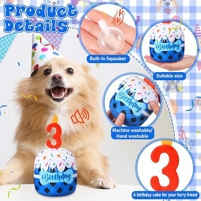 Dansydaisy Dog Birthday Cake Toy Squeaky Plush Toy for Girl Boy Gifts, Chew Accessories for Dog Birthday Party Decor Favor for Large, Medium and Small Dogs(3rd,Blue Grid)