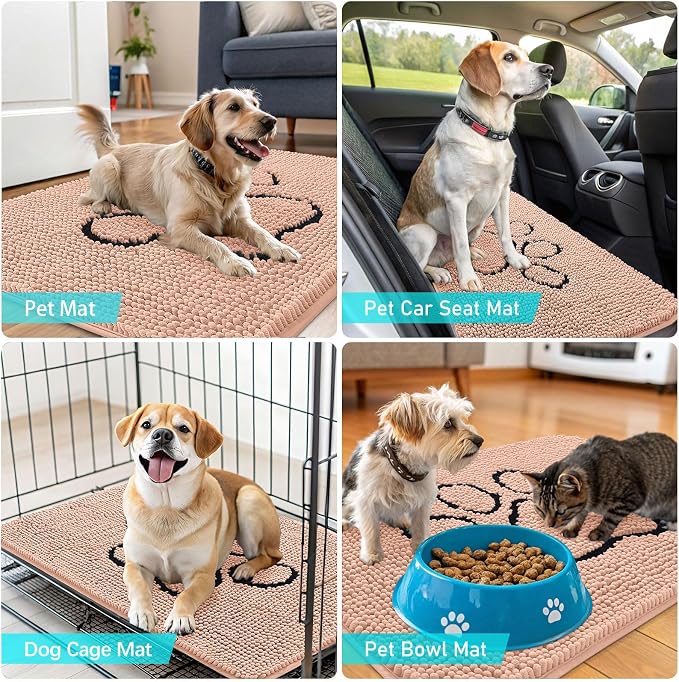 OLANLY Dog Door Mat for Muddy Paws 30x20, Paw Print Design Chenille Mud Mat | Peach, Absorbent, Traps Moisture and Dirt, Non-Slip Washable Doormat, Quick-Drying Indoor Entryway Floor Carpet for Dogs
