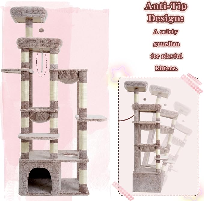 Heybly Cat Tree, 71-Inch Tall Cat Tower for Large Maine Coon Cats HCT037MU | Cat Condo Furniture with Extra-Large Baseboard, Multi-Level Platforms, 2 Hammocks and 12 Scratching Posts, Rosy Brown