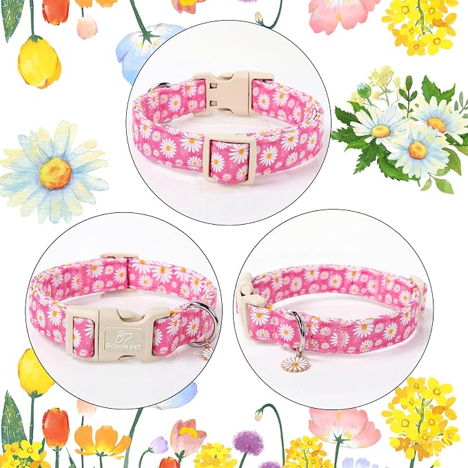 Summer Daisy Dog Collar, Cute Floral Adjustable Pink Dog Collars for Large Dogs, Lightweight Quick-Release Buckle Collar for Boy&Girl Dogs L