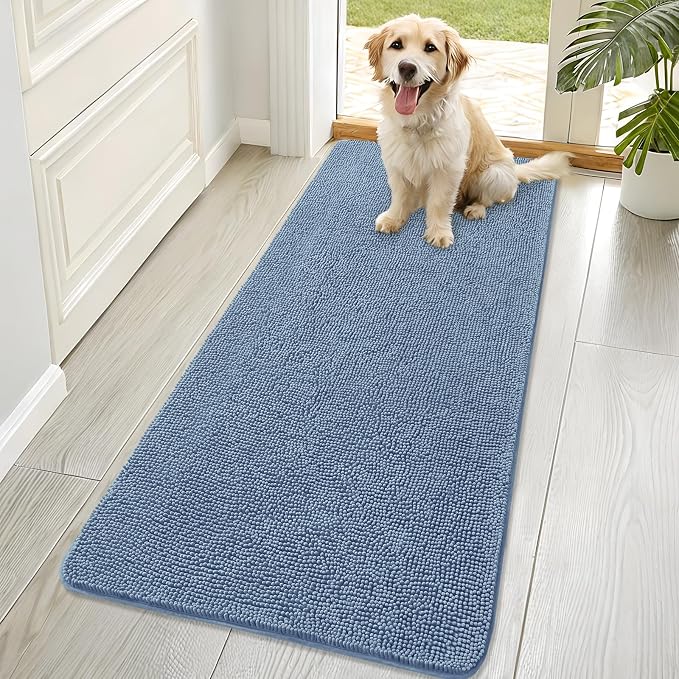 OLANLY Dog Door Mat for Muddy Paws 70x32, Super Absorbent Chenille Mud Mat | Airy Blue, Absorbs Moisture and Dirt, Non-Slip Machine Washable Doormat, Quick-Drying Indoor Entryway Floor Carpet for Dogs