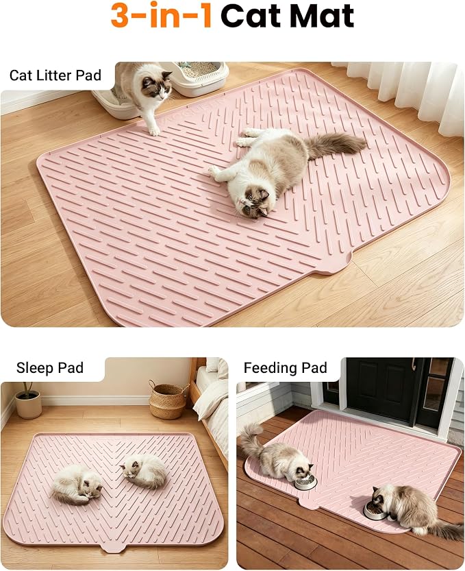 Cat Litter Mat, 47"x37" Extra Large Litter Box Mat, Silicone Mat, Pink | Waterproof Litter Trapping Mat for Scatter Control, Soft on Cat Paws Non-Slip Easy to Clean