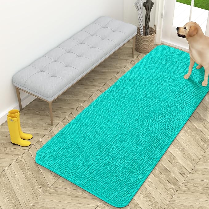 OLANLY Dog Door Mat for Muddy Paws 59x24, Super Absorbent Chenille Mud Mat | Teal, Absorbs Moisture and Dirt, Non-Slip Machine Washable Doormat, Quick-Drying Indoor Entryway Floor Carpet for Dogs