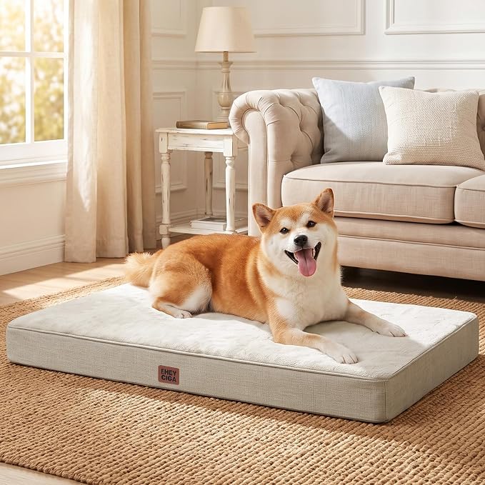 EHEYCIGA Large Memory Foam Dog Crate Bed Washable, 35x23Inch, Beige | High Density Egg Crate Foam, Waterproof Liner, Removable Easy Clean Cover, Non-Slip Bottom, Fits Crate, Floor and Sofa