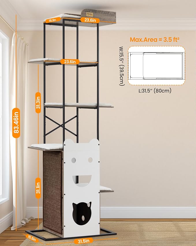 Wood Modern Cat Tree Tower, 84 Inch XL Tall Indoor Large Cat Condo | Heavy Duty XL Stable Wooden Cat Condo House Furniture with Multi-Level Spacious Perch Scratching Board Soft Washable Pads