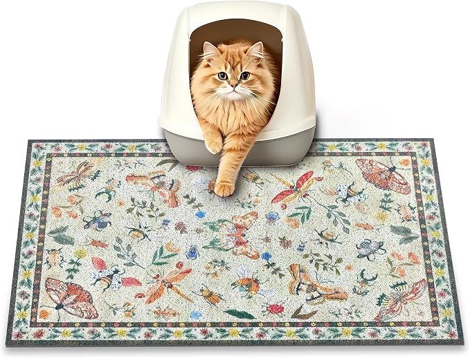 Cat Litter Mat, 24" x 16" Litter Mat, Traps 100% Litter, Non-Slip Litter Box Trapping Mat, Cute Decor Mat, Easy Clean for Scatter Control, Waterproof Urine Protection