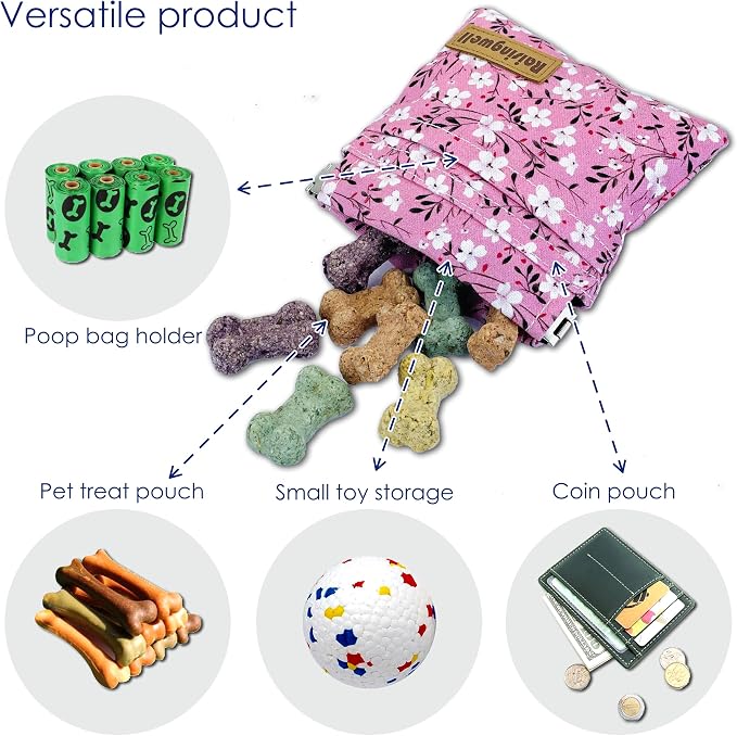 Raisingwell Dog Treat Pouch, Small Cotton Pocket Sized Training Holder, Hand Free Walking Fanny Bag with Carabiner, Self-Closing Pet Feed Snack Reward, Behavior Aids for Puppy Travel or Outdoor Use