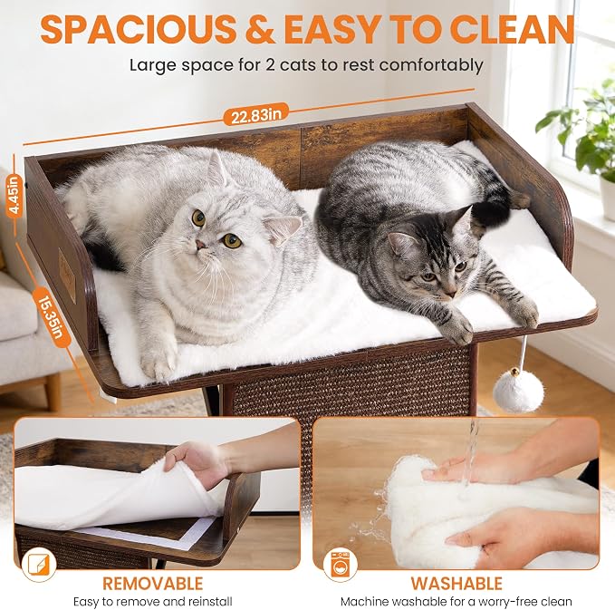 Modern Wood Cat Tree Tower for Indoor Large Adult Cats with Big Perch Bed | 33.8in Tall Wooden Cat Trees with Platform, Cat Scratching Pads, Washable Cushions, Cat Furniture for Window, Rustic Brown