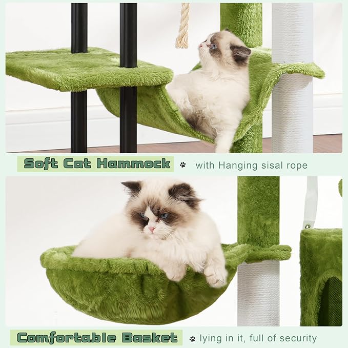 Cat Tree, 43.3'' Cat Tower with Hammock for Kittens GCT004SGR | Cat Condo House for Small Indoor Cats, Basket, Scratching Post, Large Platform, Sturdy Steel Tube, Sisal Rope, Green