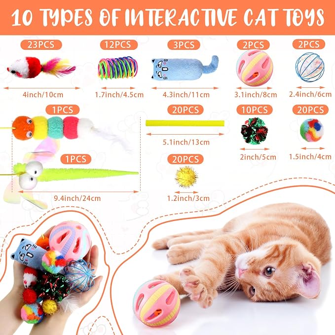Shappy 150 Pcs Cat Toys for Indoor Cats Bulk, Kitten Toys Pack, Variety Interactive Gift Including Mice Rainbow Balls Spring Crinkle Balls Gift for Kitty Kitten Cat(Funny)