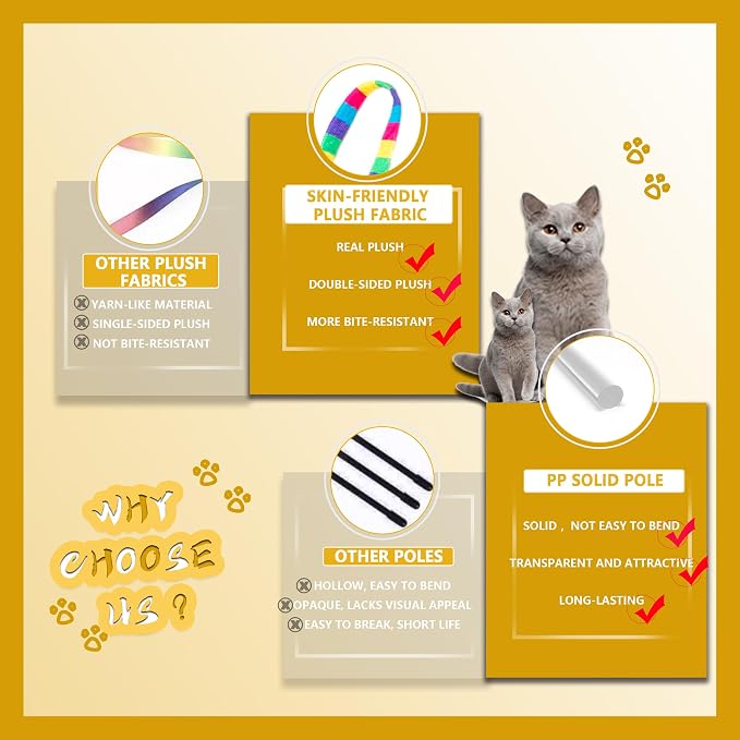 FYNIGO Cat Wand Toys for Indoor Cats, 2 Pack Rainbow Teaser Wand with 55 Inch Plush String, Bell and Sturdy Flexible Pole, Interactive Kitten Toy for Exercise and Chase Play
