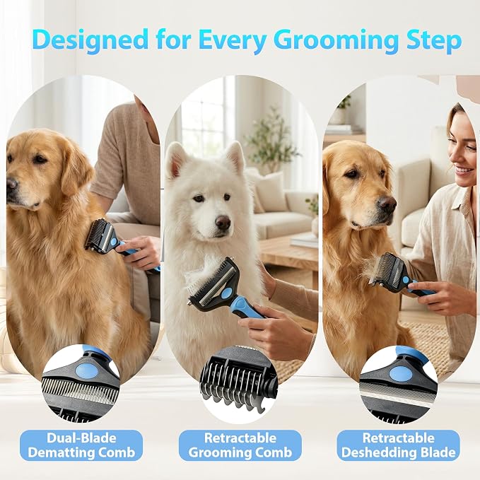 3-in-1 Dog Brush and Cat Brush-Deshedding & Dematting Tool | Replaces 3 tools to reduce grooming costs. Features retractable deshedding blade & dematting comb for dogs and cats.